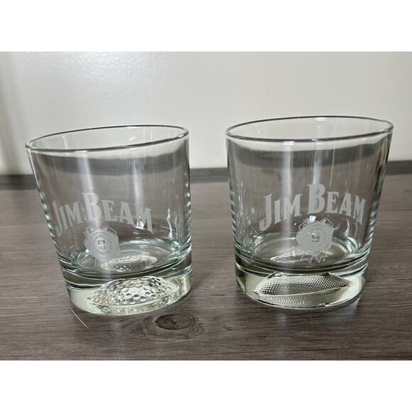 2 Vintage Jim Beam Whiskey Glasses. Concave Golf And Football On Bottom - Picture 1 of 2